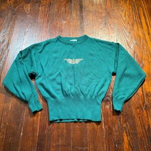 Vintage 90s Meister Sweater Womens Green Wool Beaded Star Wing Hong Kong